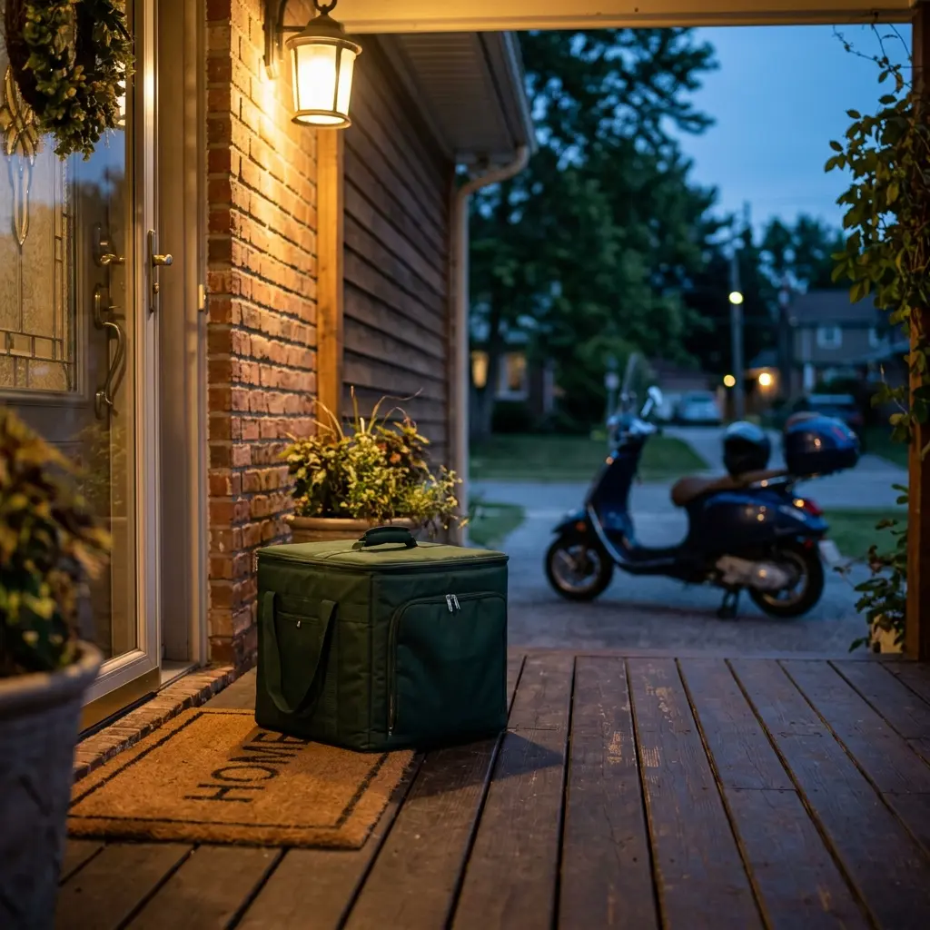 Insulated food delivery bag on a porch doorstep at dusk after a food delivery drop-off