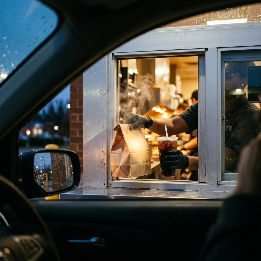 Drive-thru window handoff of a red food bag and drink at dusk