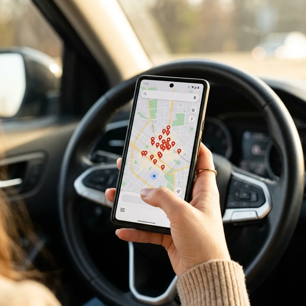 Smartphone showing a map app with location pins while finding a nearby restaurant from a car