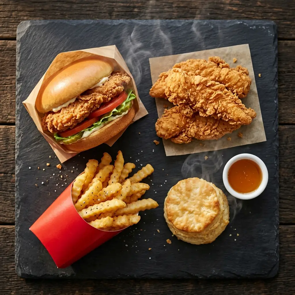 Assortment of popular Popeyes-style menu items including chicken sandwich, tenders, fries, and biscuit