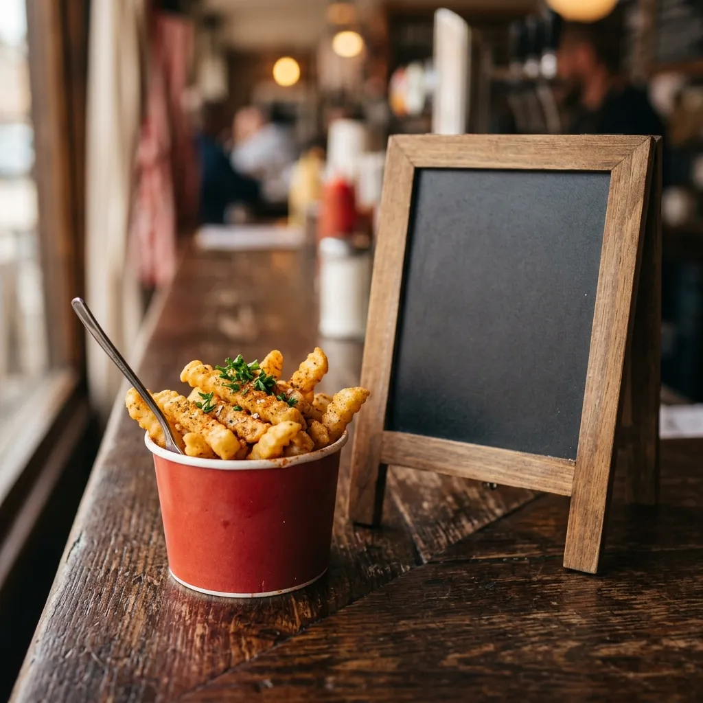 Seasoned fries beside a blank chalkboard sign suggesting a limited-time daily special