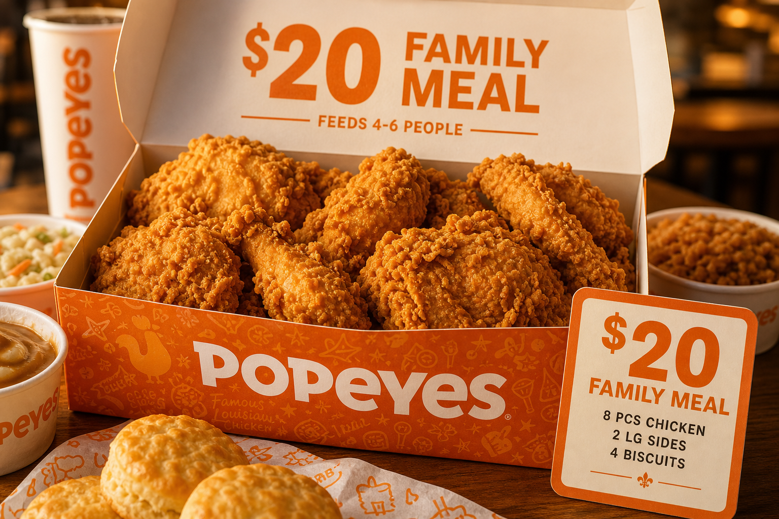 Popeyes family meal $20 deal - box with crispy fried chicken pieces
