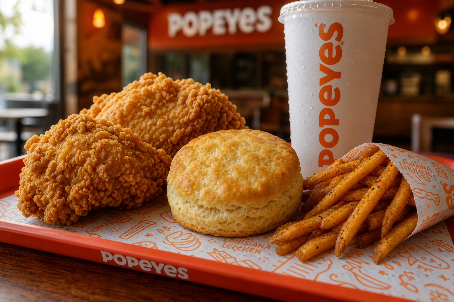 Popeyes Biscuits 2026: Price, Calories & What Makes Them Special 2 Popeyes biscuits served alongside crispy fried chicken and Cajun fries on a Popeyes tray
