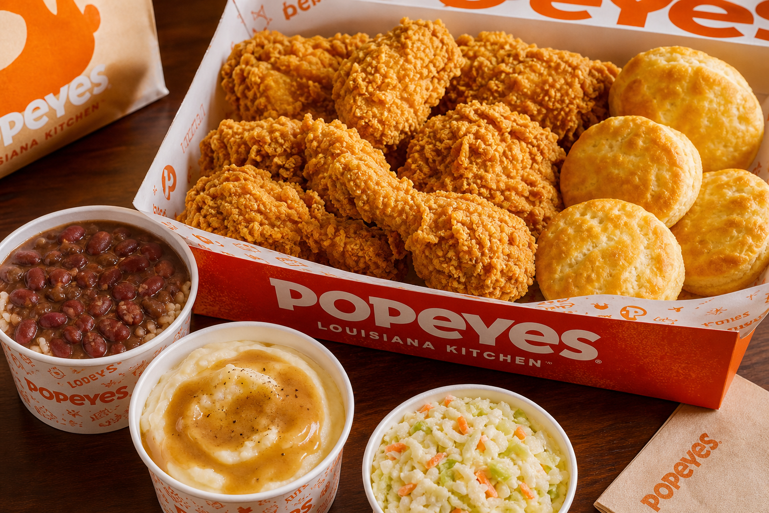 Popeyes family meal spread - crispy fried chicken, sides, and buttermilk biscuits