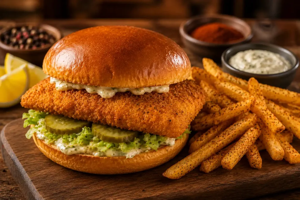 Popeyes Seafood Menu 2026 — Shrimp, Fish Sandwich, 4 New Rubs & Full Guide 3 Popeyes Flounder Fish Sandwich on brioche bun with pickles and tartar sauce