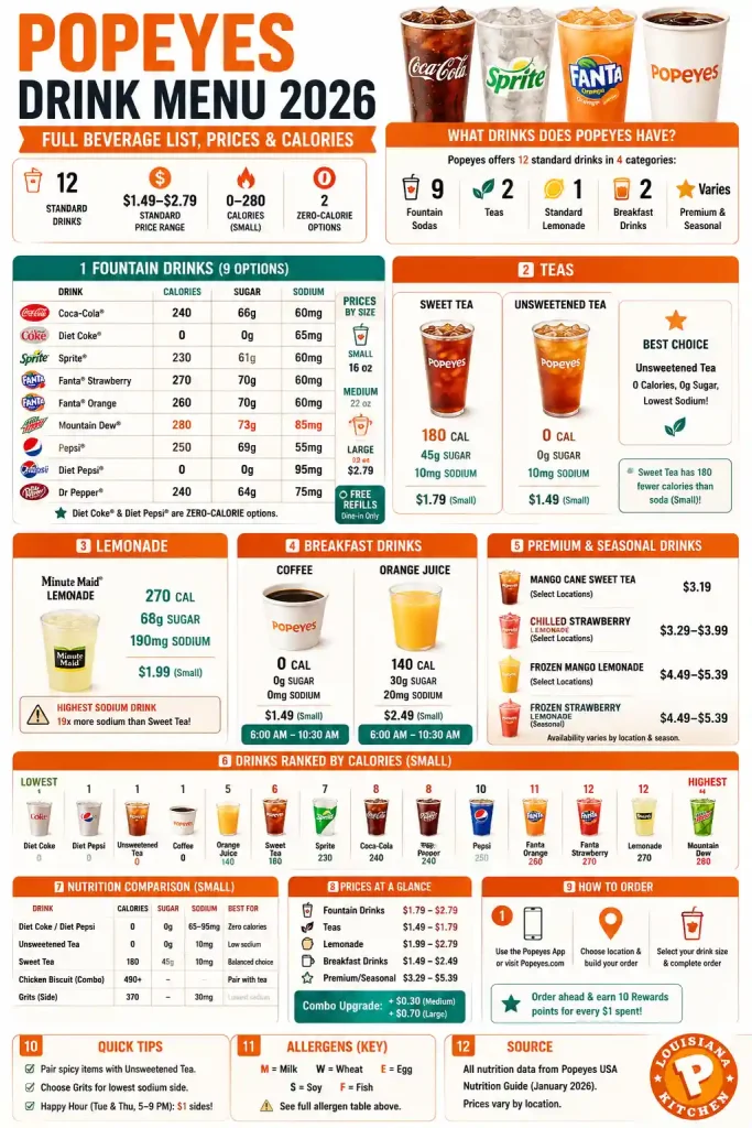 Popeyes Drink Menu 2026: Full Beverage List, Prices & Calories 7 Infograpgic of Popeyes Drink Menu 2026: Full Beverage List, Prices & Calories