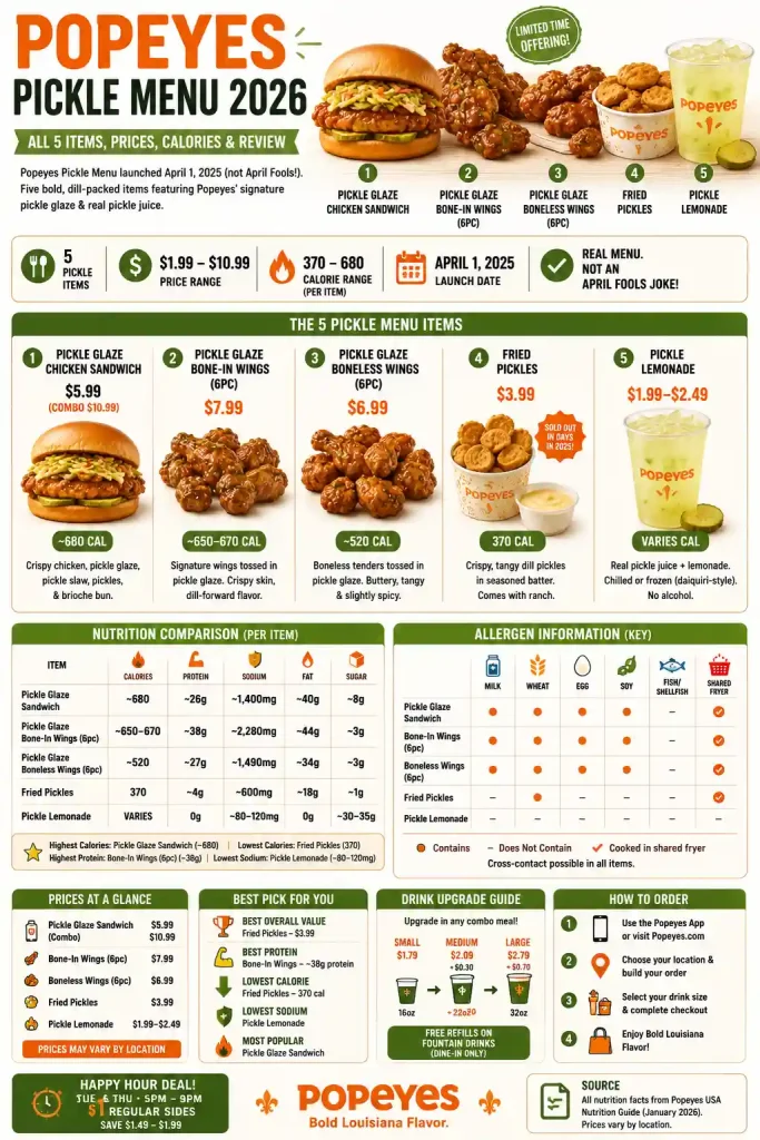 Popeyes Pickle Menu 2026: All 5 Items, Prices, Calories & Review 7 infographic of Popeyes Sides Menu 2026: Prices, Calories & Full Nutrition Guide