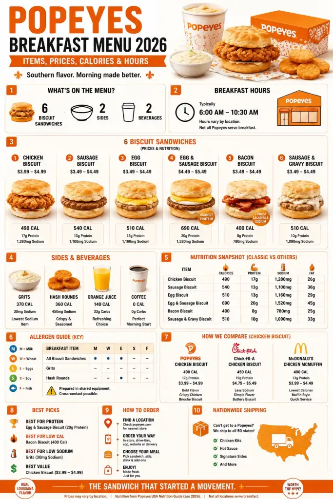 Popeyes Breakfast Menu: Items, Prices, Calories & Hours (2026) 2 Infographic of Popeyes Breakfast Menu: Items, Prices, Calories & Hours (2026)
