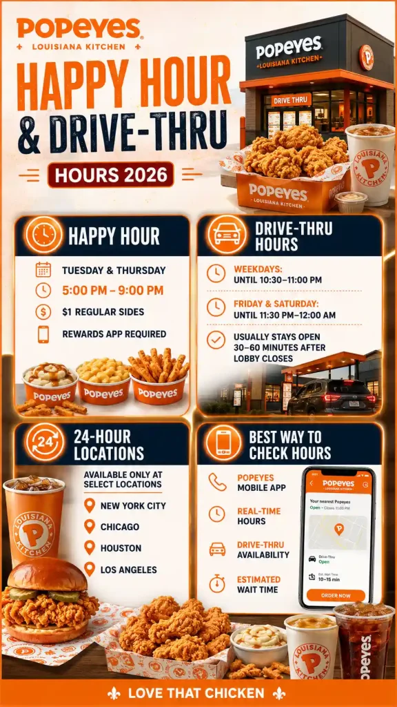 Popeyes Hours 2026 — Opening Times, Holiday Schedule, Happy Hour & Drive-Thru Guide 3 Popeyes Lobby Hours and Dining Room Hours