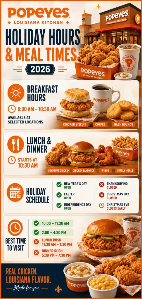 Popeyes Hours 2026 — Opening Times, Holiday Schedule, Happy Hour & Drive-Thru Guide 4 Popeyes Holiday Hours 2026 — Full Annual Calendar
