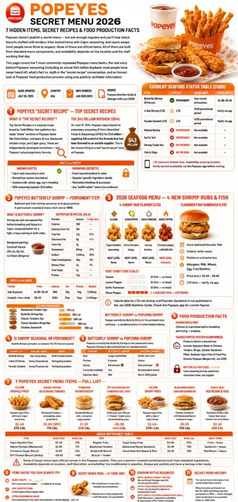 Popeyes Secret Menu 2026 — 7 Hidden Items, Secret Recipes & Food Production Facts 3 Popeyes Secret Menu Infographic showing 7 hidden items, secret recipes and food production facts