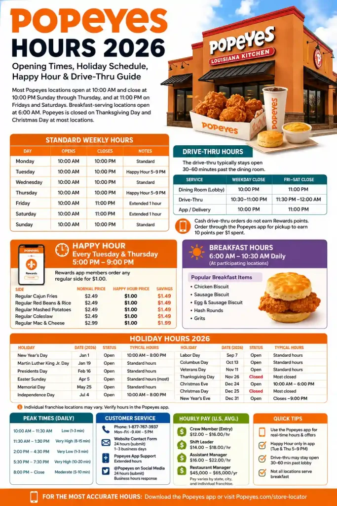 Popeyes Hours 2026 — Opening Times, Holiday Schedule, Happy Hour & Drive-Thru Guide 1 infographic of Popeyes Hours 2026 — Opening Times, Holiday Schedule, Happy Hour & Drive-Thru Guide