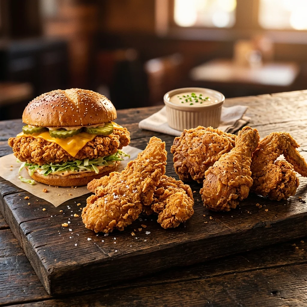 Popeyes $5 Faves menu showing chicken sandwich, tenders, and bone-in chicken