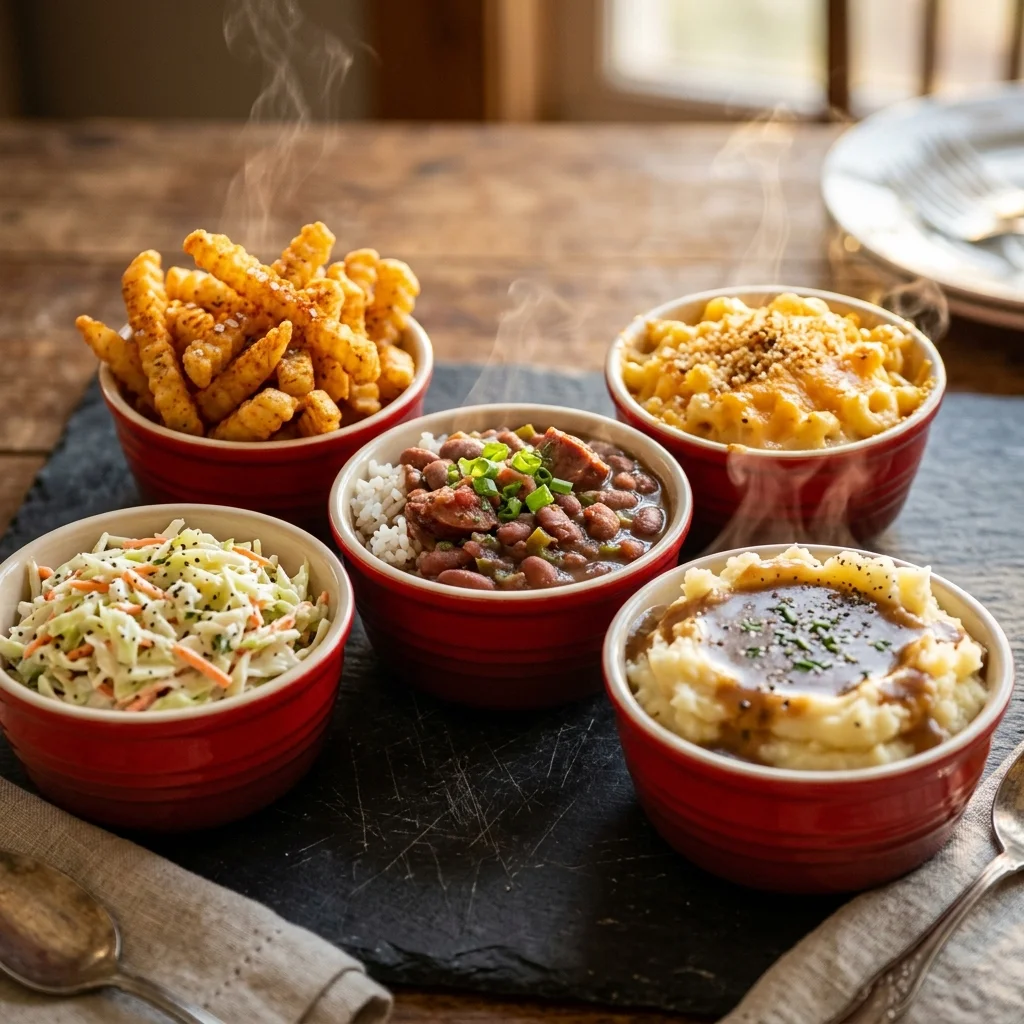 Popeyes 5 classic side dishes in red containers for Happy Hour
