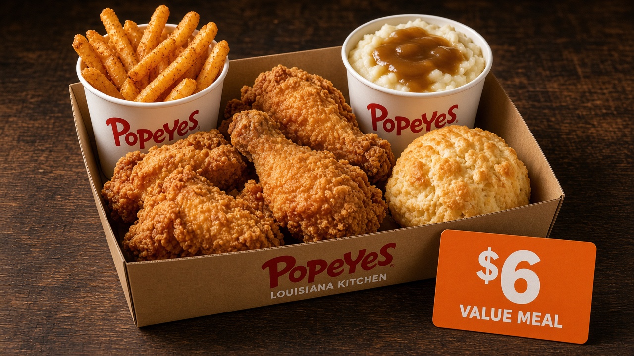 Popeyes Big Box fried chicken two sides and biscuit with $6 value pricing