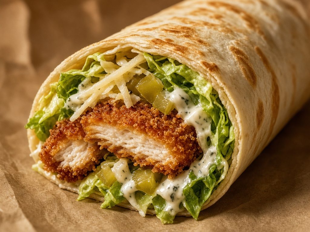 Popeyes Chicken Wraps close-up with crispy chicken tender lettuce cheese and pickles