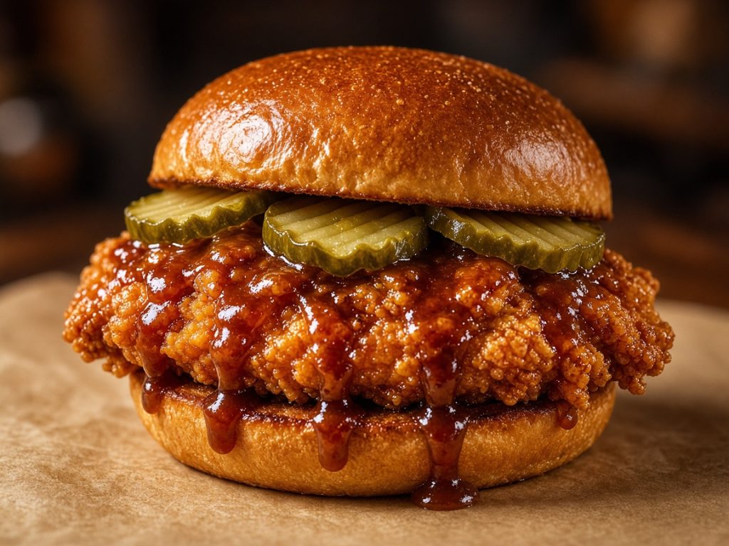 Popeyes Honey BBQ Chicken Sandwich with pickles on a toasted brioche bun