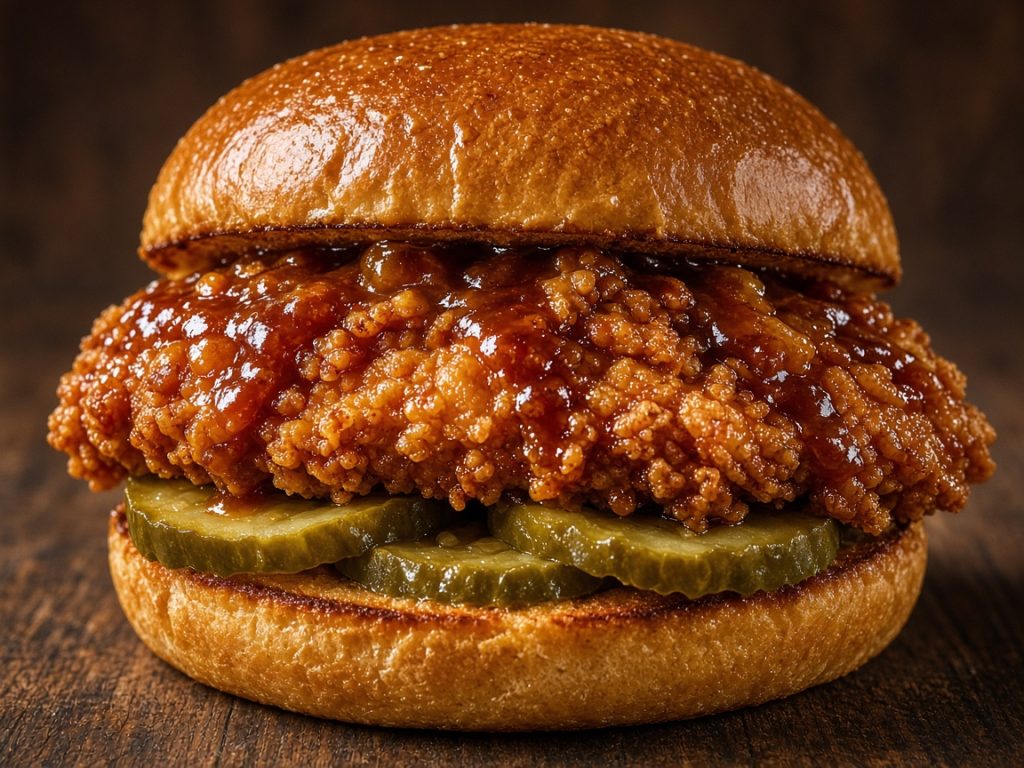 Popeyes Honey BBQ Sandwich close-up showing crispy chicken and sauce
