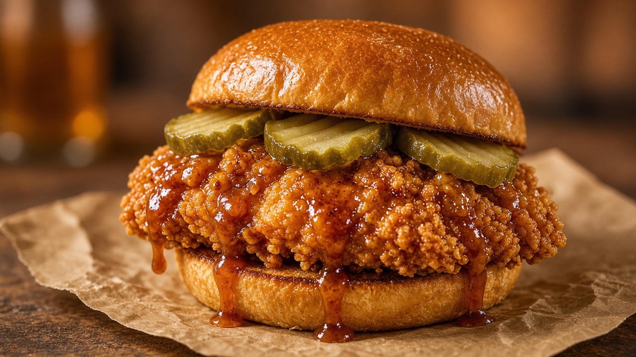 Popeyes Honey BBQ Sandwich with pickles on a toasted brioche bun