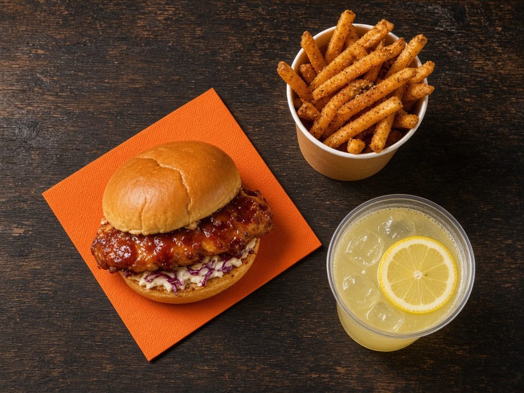 Popeyes Honey BBQ Sandwich with Cajun fries and lemonade