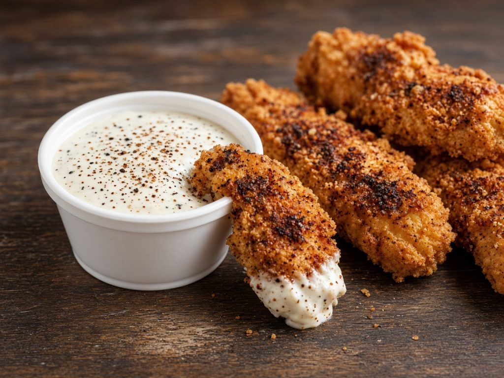 Popeyes Blackened Ranch dipping sauce cup with tenders