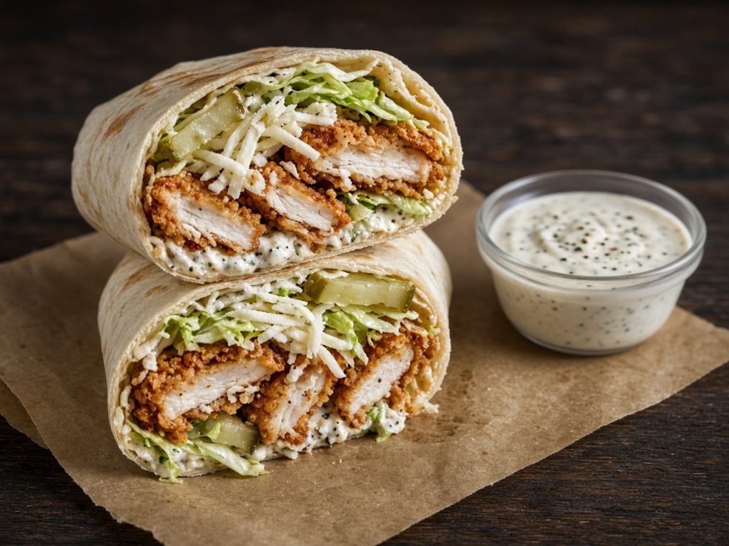 Popeyes Blackened Ranch chicken wrap cut in half