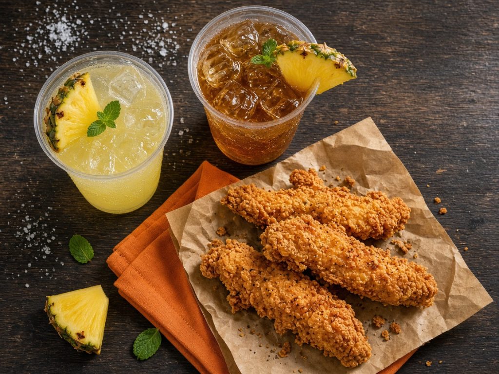 Popeyes Pineapple Drinks served with crispy chicken tenders